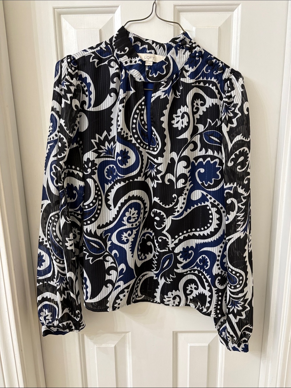 LOFT Navy, Black & White Paisley Keyhole Pleated Blouse